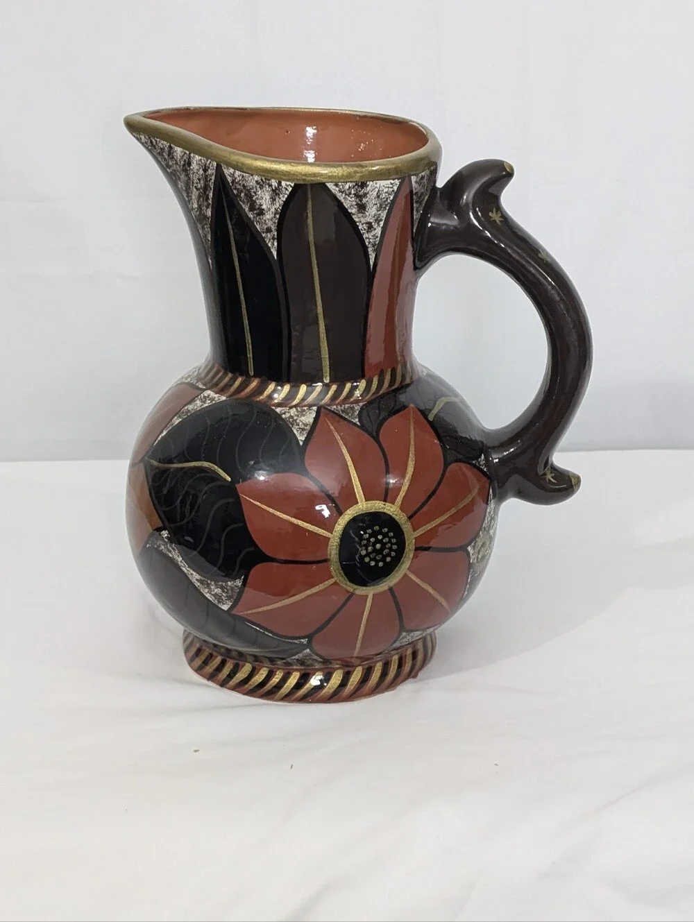 Vintage Postmodern Art Deco Floral Ceramic Pitcher Vase Black Gold